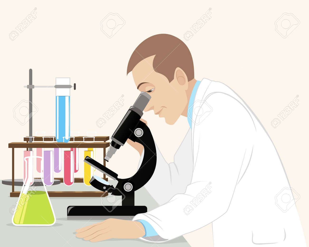 Ilustración Vectorial De Un Científico Con El Microscopio ...