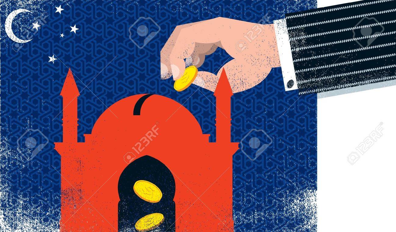 샤리아 법이 샤리아 율법과 일치하는 이슬람 금융에 대한 이야기​​를 보여 사원 모양의 돈궤에 손 떨어지는 금화를 재정 로열티 무료  사진, 그림, 이미지 그리고 스톡포토그래피. Image 16054916