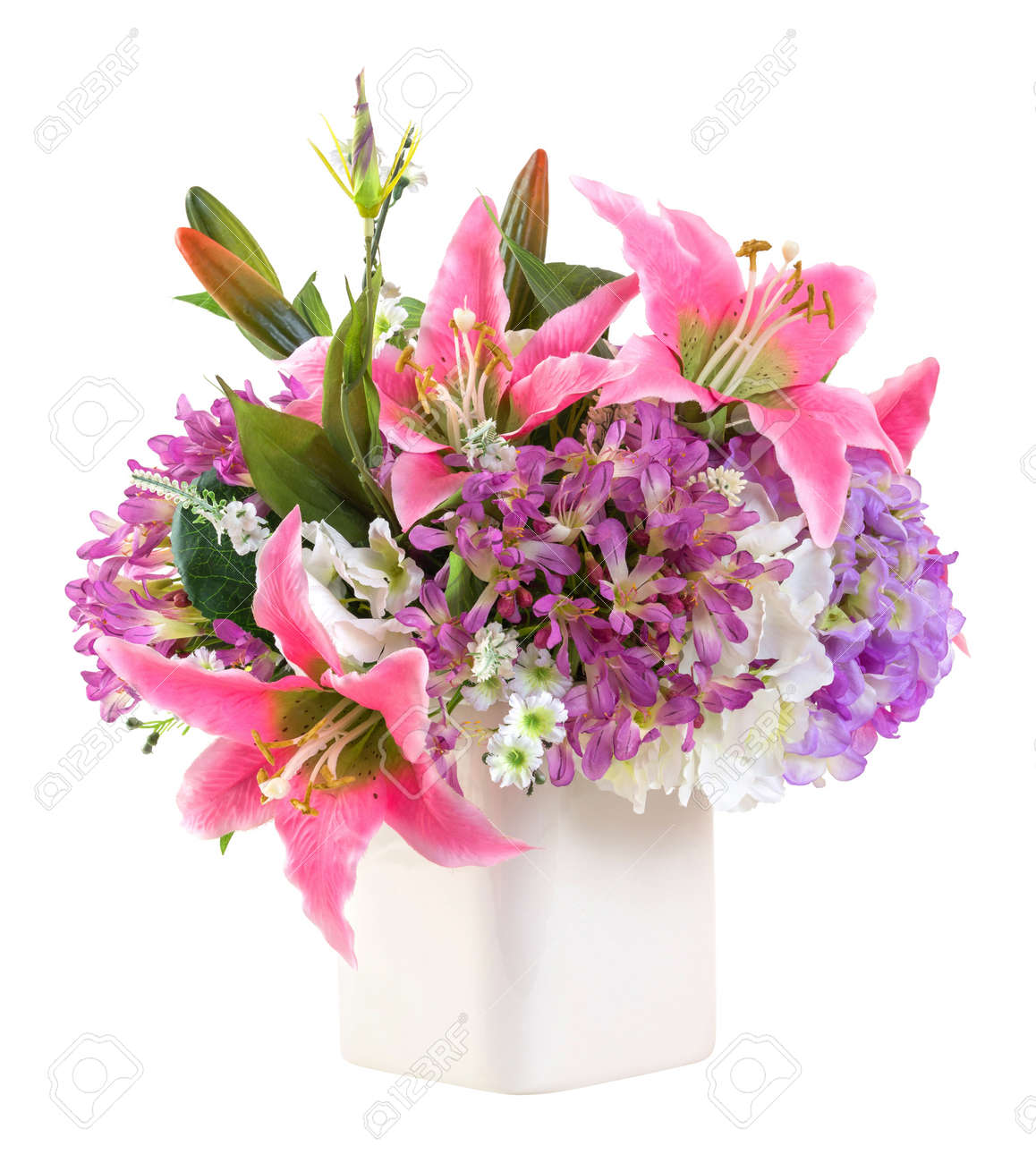 Bouquet Of Pink Lily And Hydrangea In Ceramic Vase Isolated On