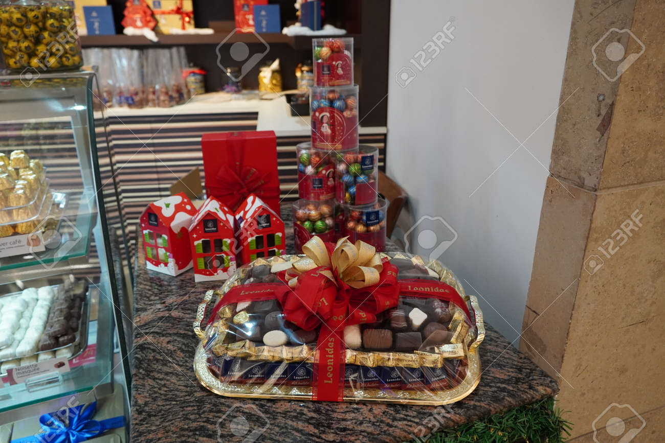 Premium Belgian Chocolate Gift Box Display. Delicious Chocolates In Box.  Christmas. Showcase In Shop With Belgian Chocolate In Boxes. Sweets In Gift  Packages With Bows. - Dubai Uae December 2019 Stock Photo,