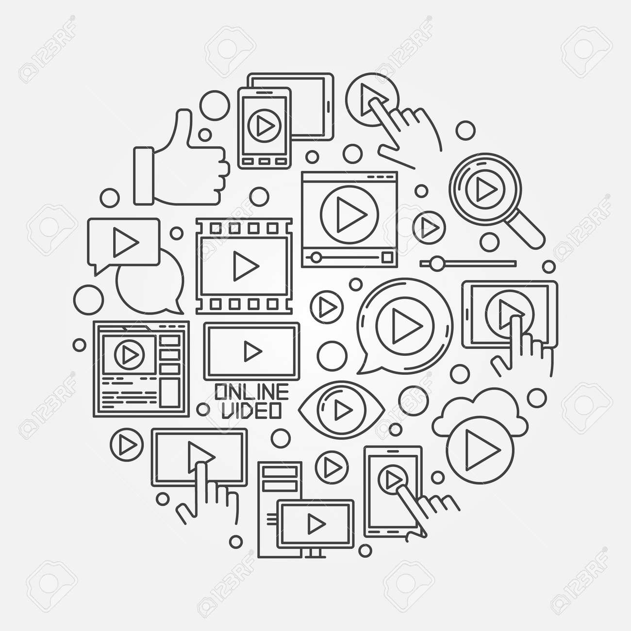 オンライン ビデオのイラスト ベクトル ラウンド メディア兆候の細い線で作られたビデオのマーケティング シンボルのイラスト素材 ベクタ Image