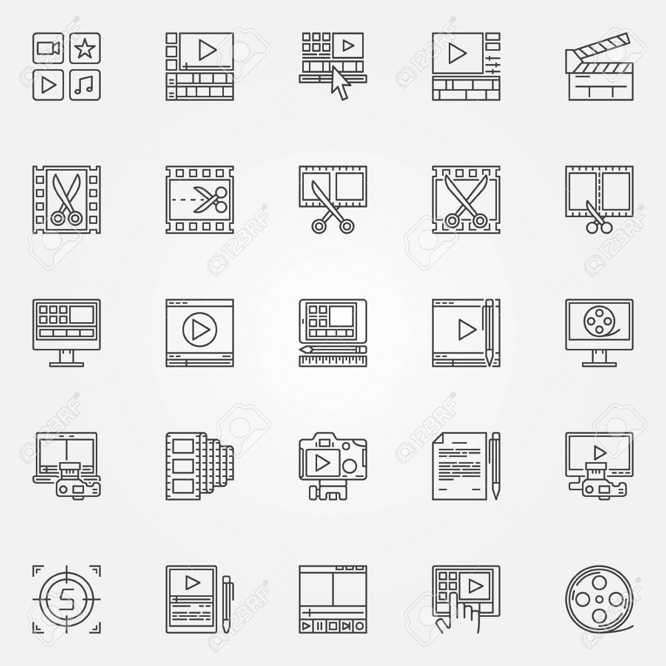 ビデオ エディターのアイコンを設定 細い線スタイルでビデオ編集記号 最小限のムービー シンボル のイラスト素材 ベクタ Image ビデオ エディターのアイコンを設定 細い線スタイルでビデオ編集記号 最小限のムービー シンボル のイラスト素材 ベクタ Image