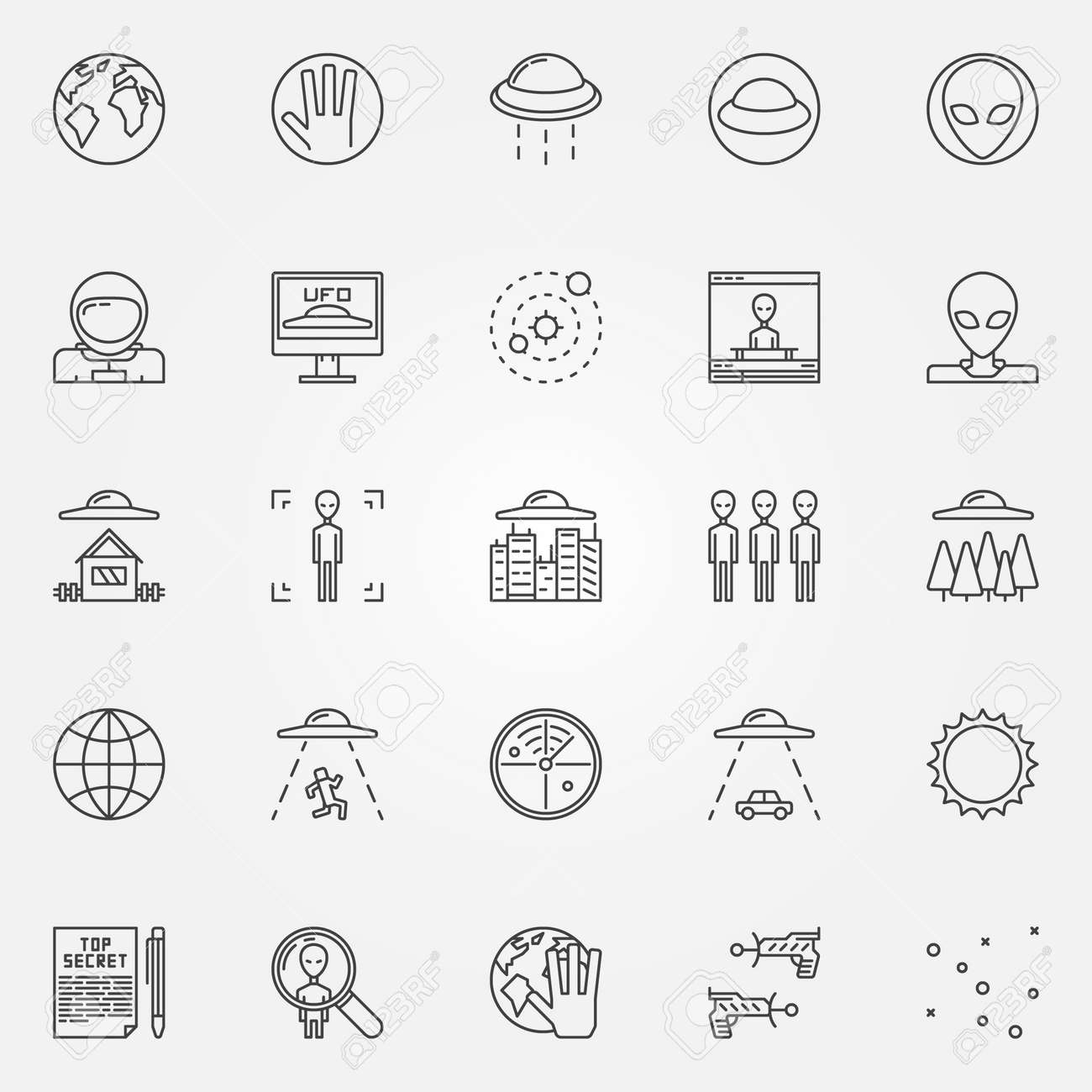 Ufo とエイリアンのアイコンを設定 細い線スタイルのスペースまたはユーフォロジーのシンボル のイラスト素材 ベクタ Image