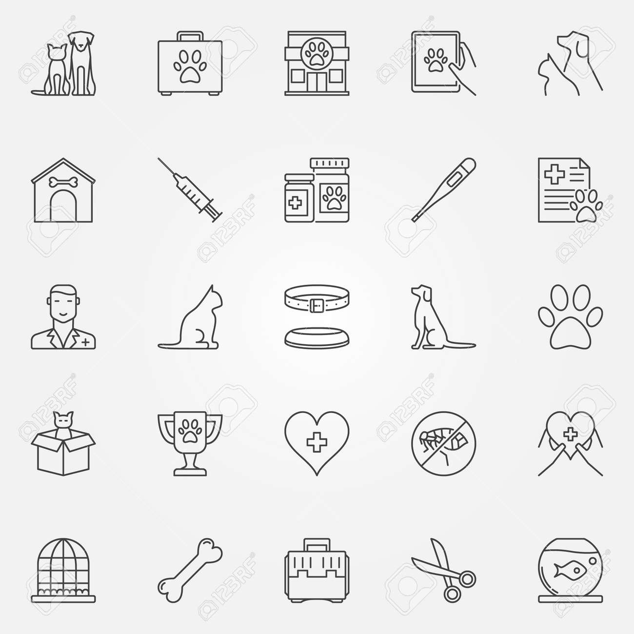 獣医の線のアイコン 獣医 ペット 獣医診療所細い線スタイルの創造的なシンボルのベクトルを設定 のイラスト素材 ベクタ Image