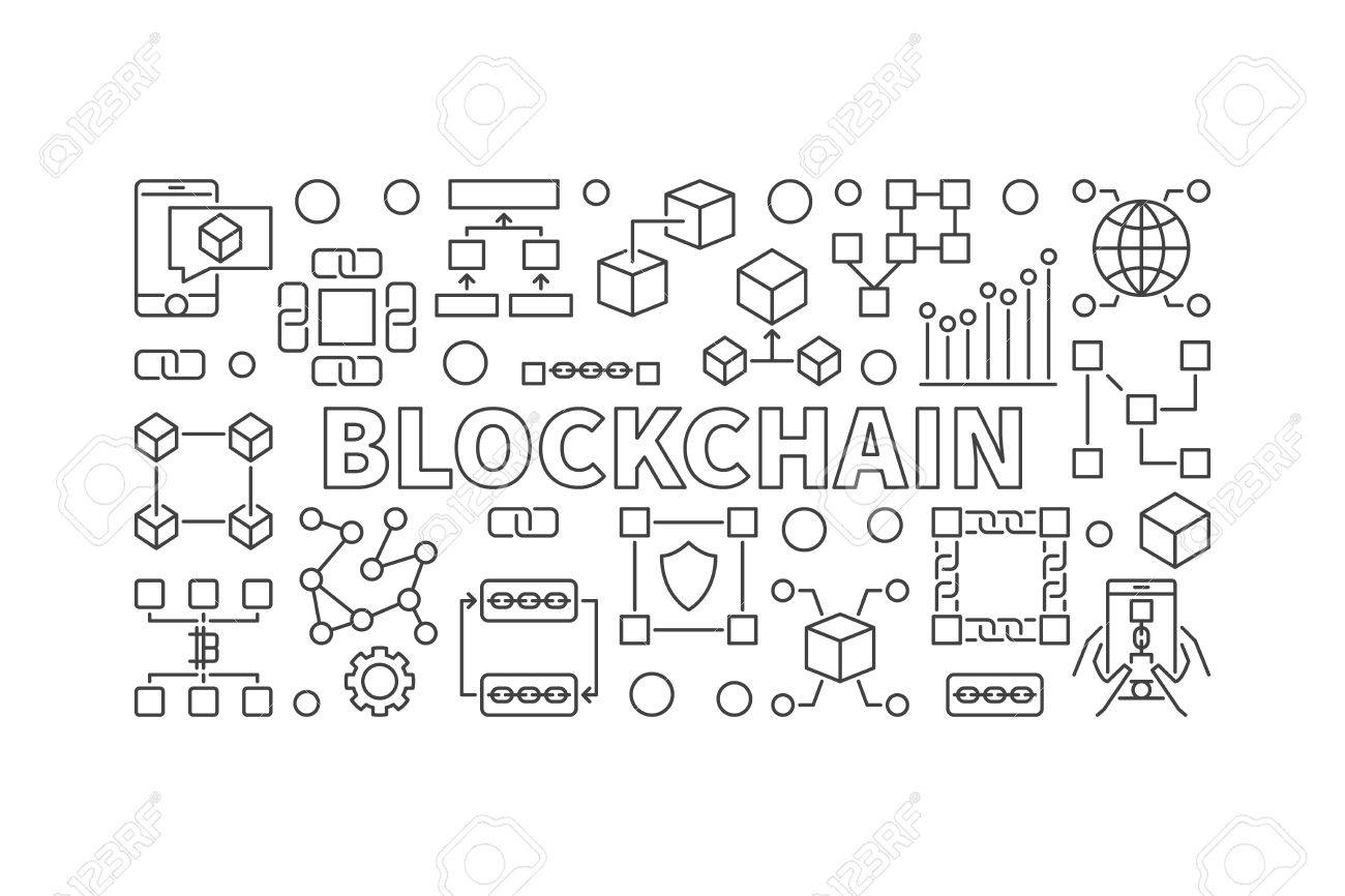 ブロック チェーン アイコンと Bl の言葉で作られた現代技術バナー のイラスト素材 ベクタ Image