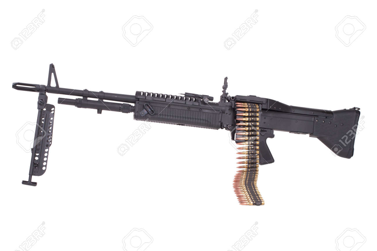 m60 machine gun with ammo belt isolated on white stock photo