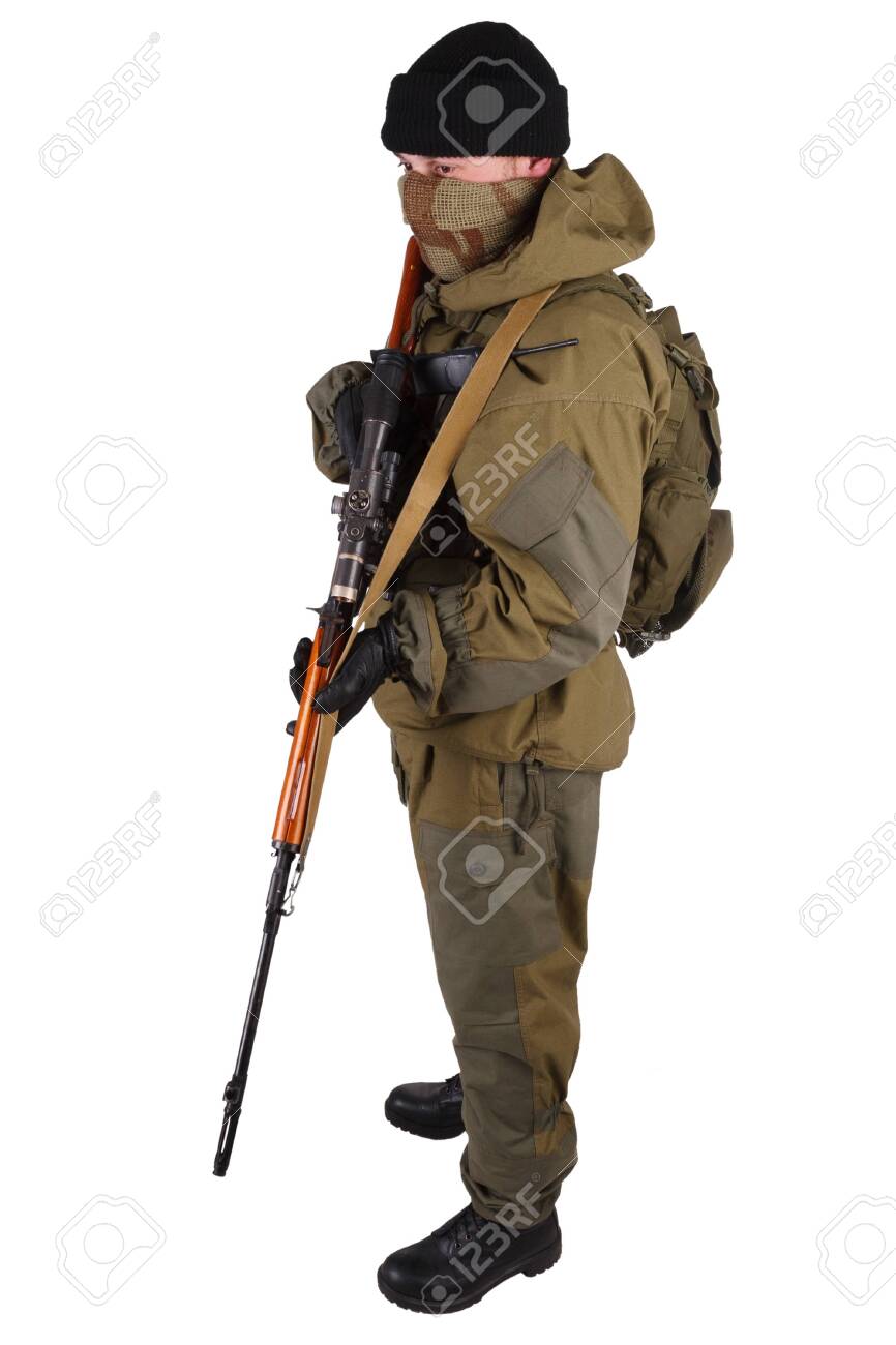 insurgent sniper in russian type of uniform with SVD sniper rifle isolated on white background - 140938279 insurgent sniper in russian type of uniform with SVD sniper rifle isolated on white background - 140938279