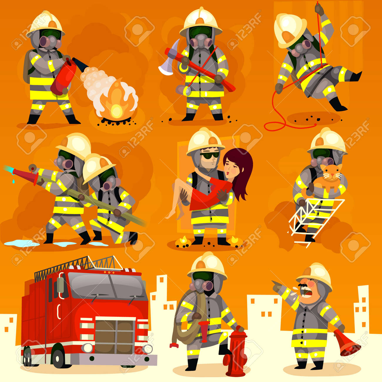 Set of cartoon fireman doing their job and saving people. - 35049176 Set of cartoon fireman doing their job and saving people. - 35049176