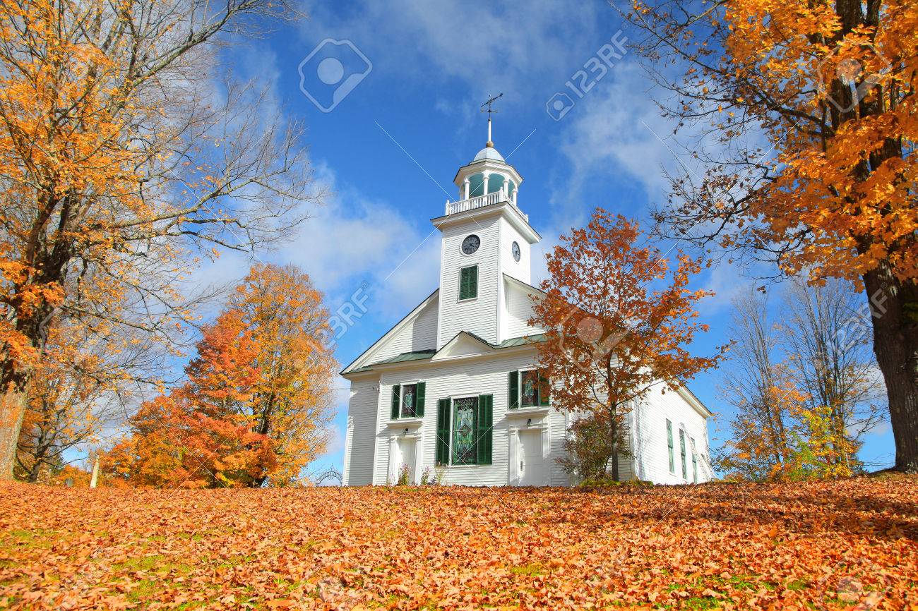 Small church in typical New England town with fall foliage - 87656960 Small church in typical New England town with fall foliage - 87656960