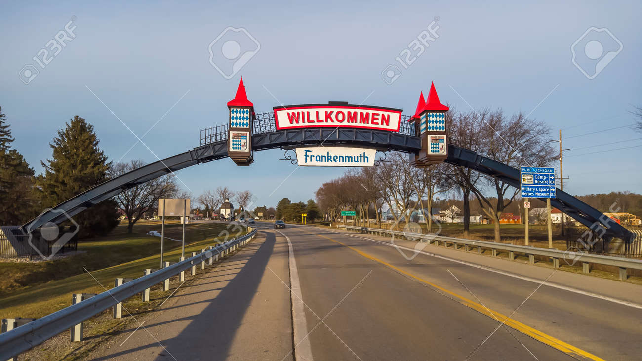 Frakenmuth, Michigan - December 29, 2020: Entrance and welcome sign to historic Frankenmuth village in Michigan. - 163033391 Frakenmuth, Michigan - December 29, 2020: Entrance and welcome sign to historic Frankenmuth village in Michigan. - 163033391