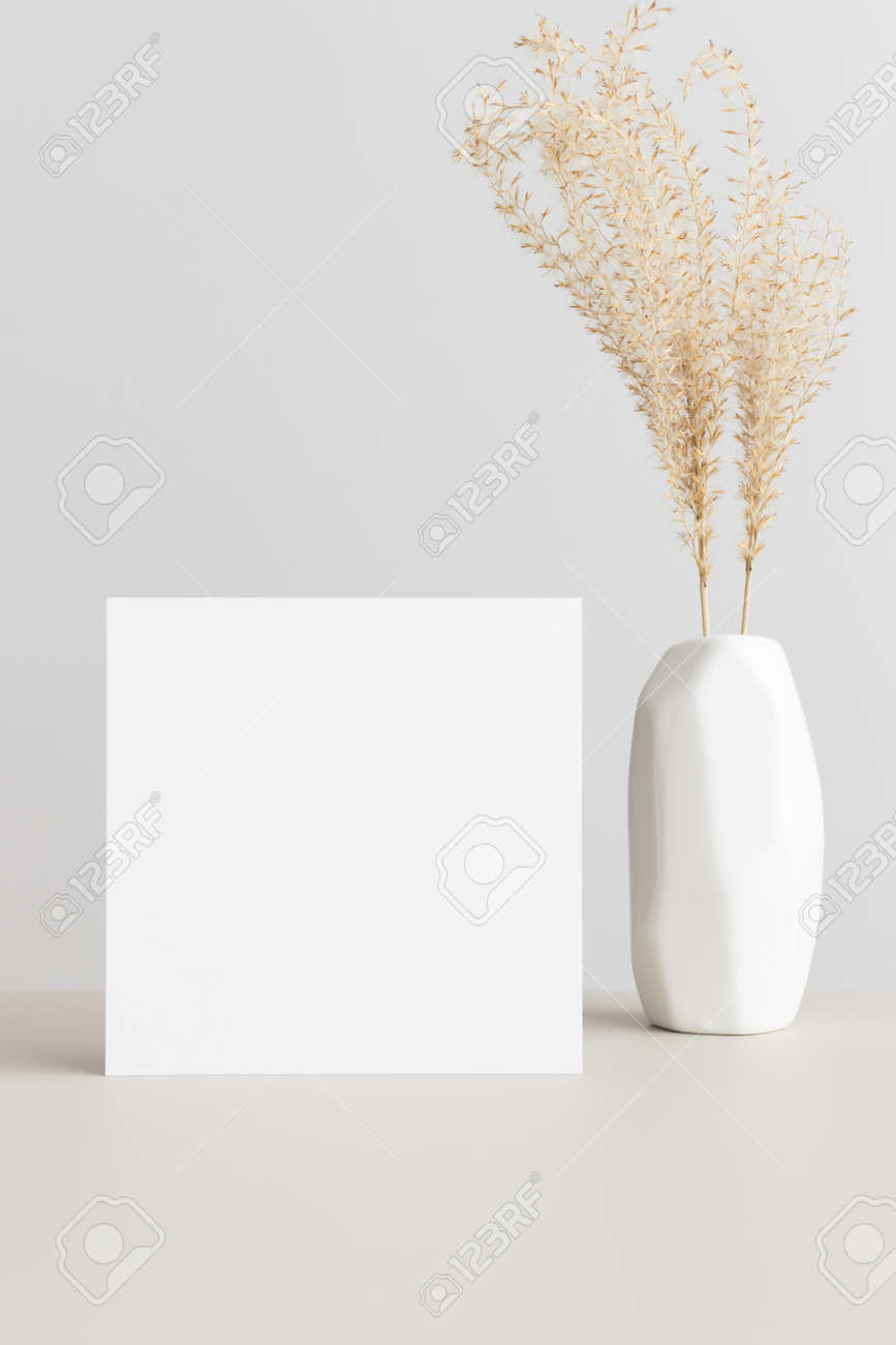 Download Square Invitation Card Mockup With A Dried Grass On A Beige Table Stock Photo Picture And Royalty Free Image Image 164651692