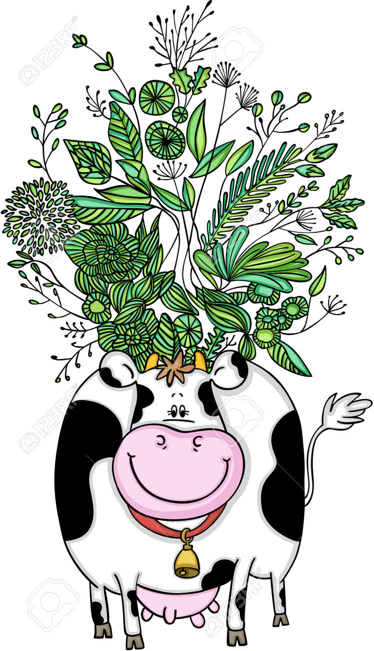 頭の上の野生のハーブでかわいい牛 のイラスト素材 ベクタ Image