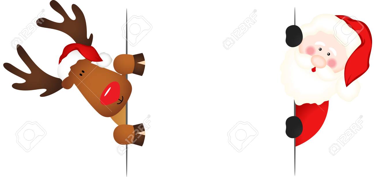 santa claus and reindeer with a blank white placard banner royalty reindeer banner