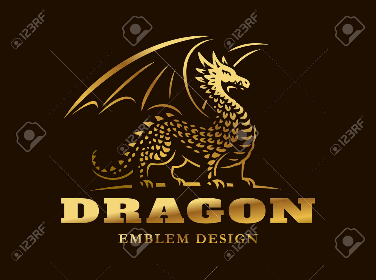 Golden Dragon Logo Vector Illustration Emblem On Dark