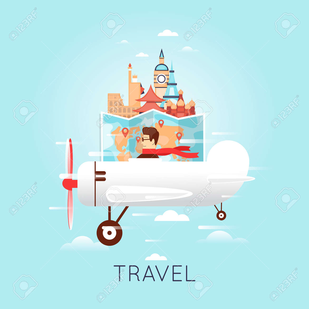 平面のロシア アメリカ 日本 フランス イギリス イタリアでの旅行します 世界旅行 夏の休暇を計画します 夏の休日 観光や 休暇のテーマ フラットなデザインのベクトル図です のイラスト素材 ベクタ Image