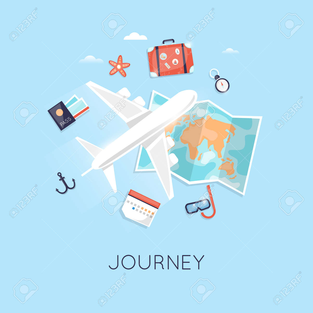 飛行機で旅行します 世界旅行 夏の休暇を計画します 夏の休日 観光や休暇のテーマ フラットなデザインのベクトル図です のイラスト素材 ベクタ Image