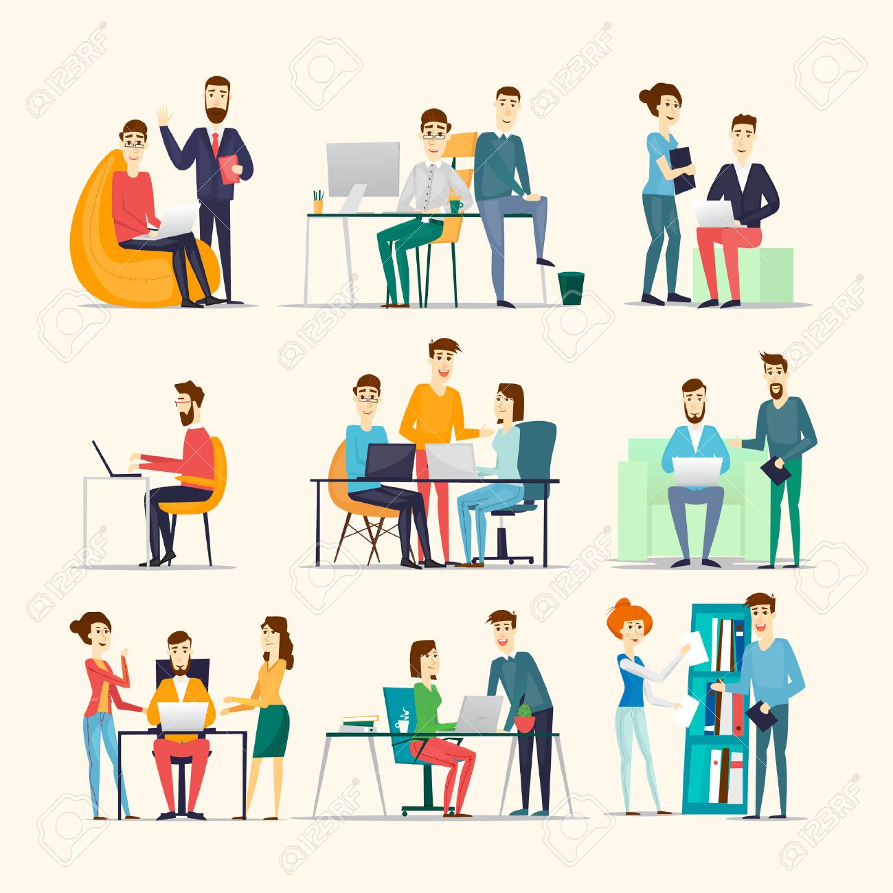 Co working people, meeting, teamwork, collaboration and discussion, conference table, brainstorm. Workplace. Office life. Various characters. - 59565757 Co working people, meeting, teamwork, collaboration and discussion, conference table, brainstorm. Workplace. Office life. Various characters. - 59565757