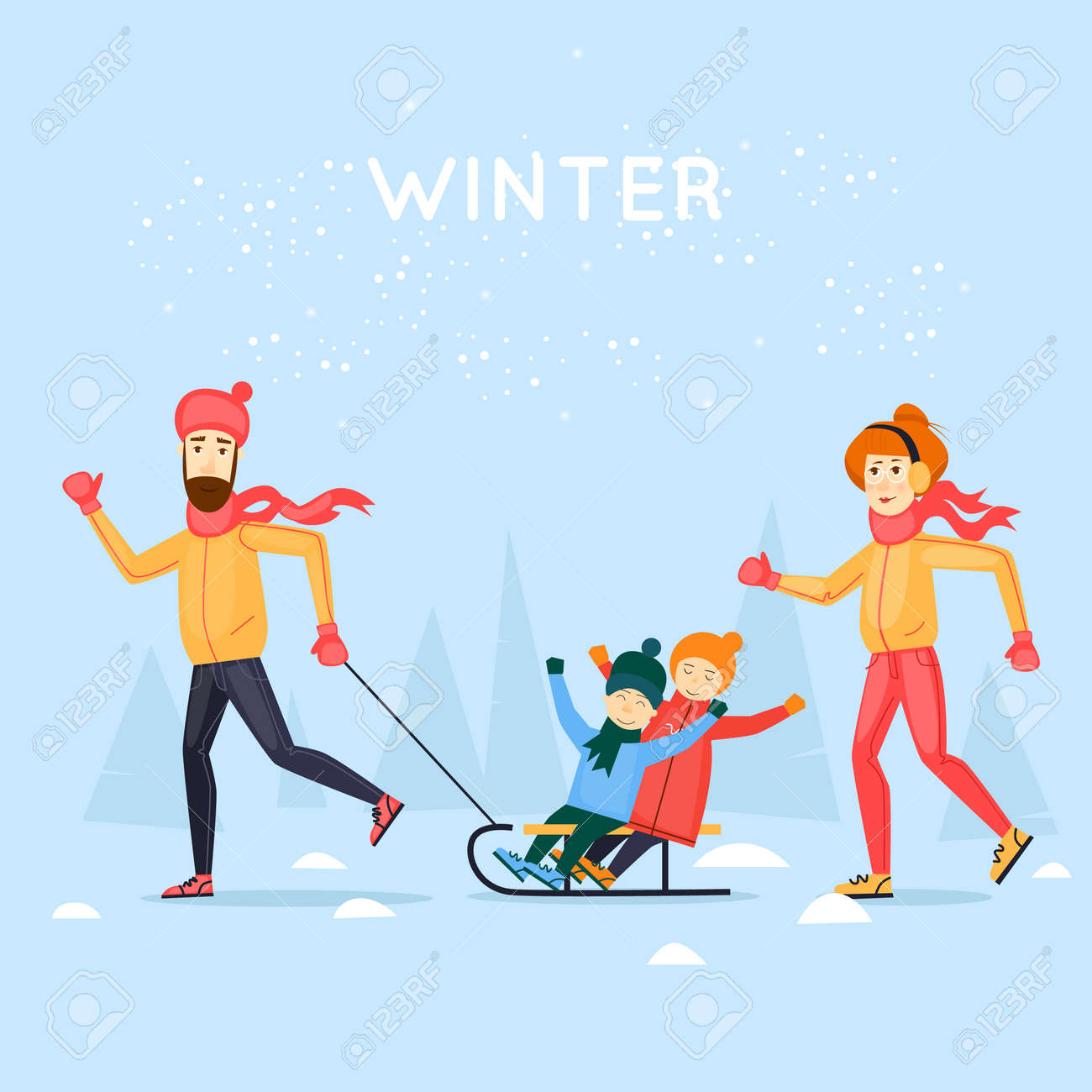 tobogganing with kids happy family cartoon winter season flat winter season cartoon pictures