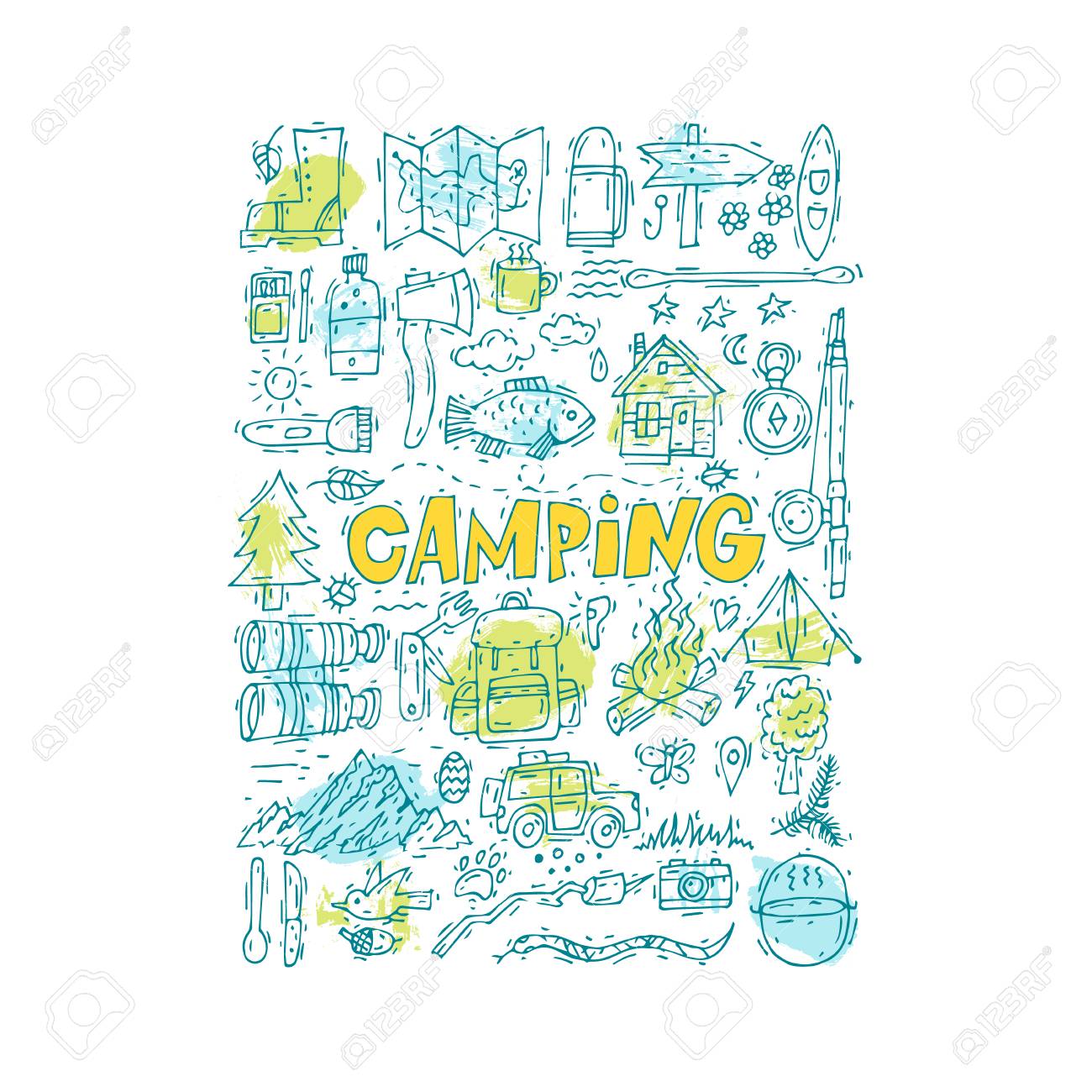 キャンプにいたずら書き ハイキング 登山 観光 手描きの要素 夏休み ベクトルの図 のイラスト素材 ベクタ Image