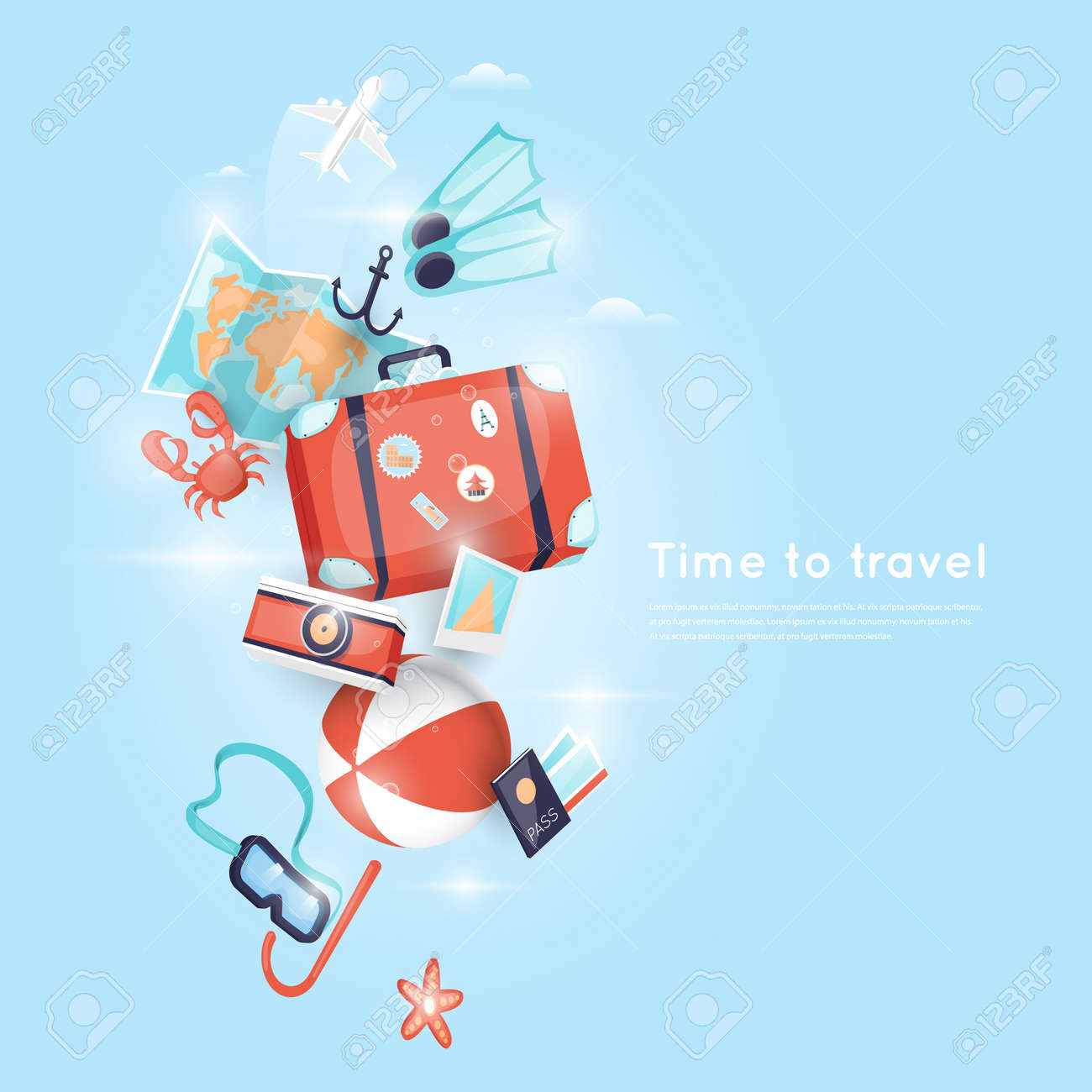 世界旅行 夏の休暇を計画します 休日 旅 観光や休暇のテーマ ポスター フラットなデザインのベクトル図です のイラスト素材 ベクタ Image