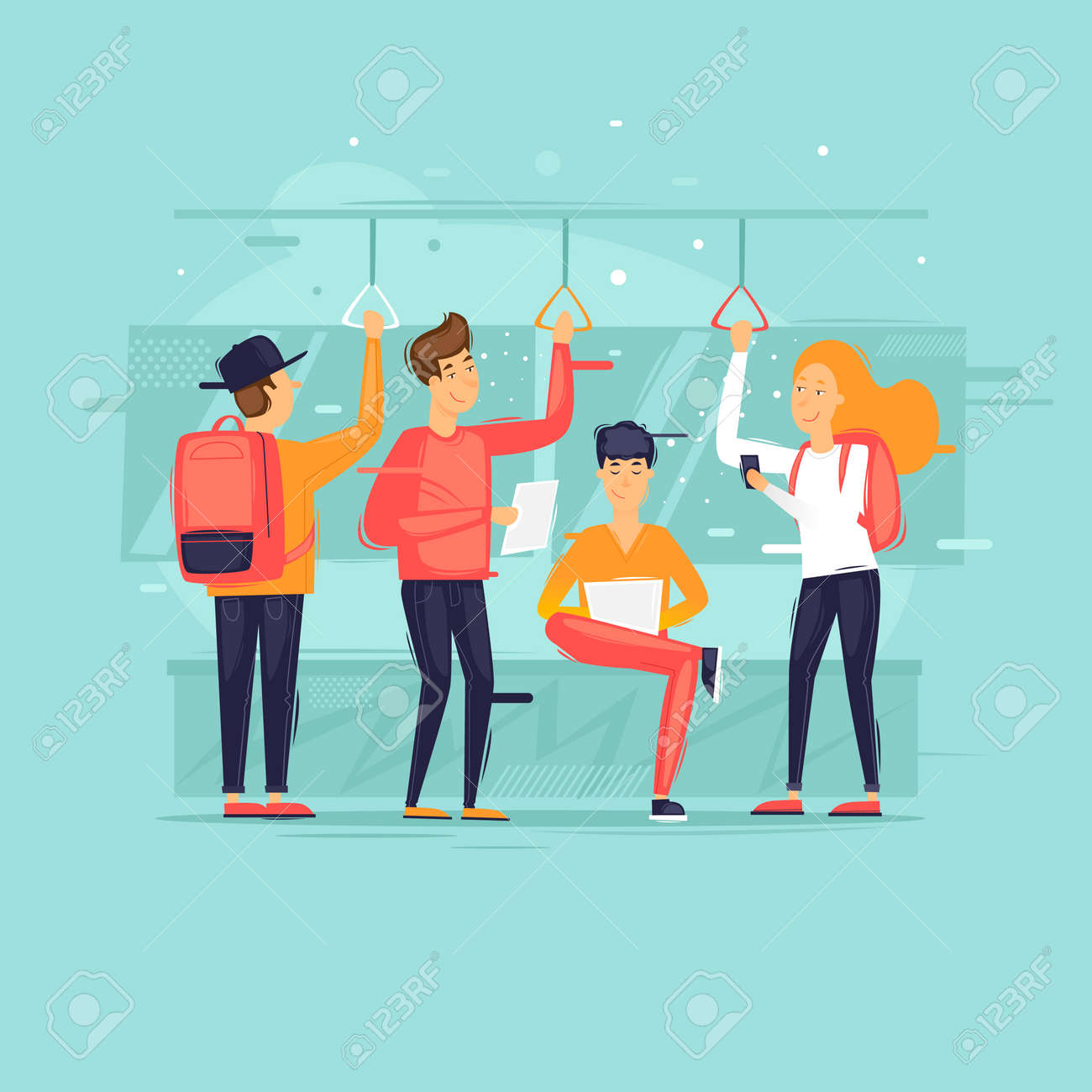People go by public transport, metro, bus, train. Flat design vector illustration. - 103898699 People go by public transport, metro, bus, train. Flat design vector illustration. - 103898699