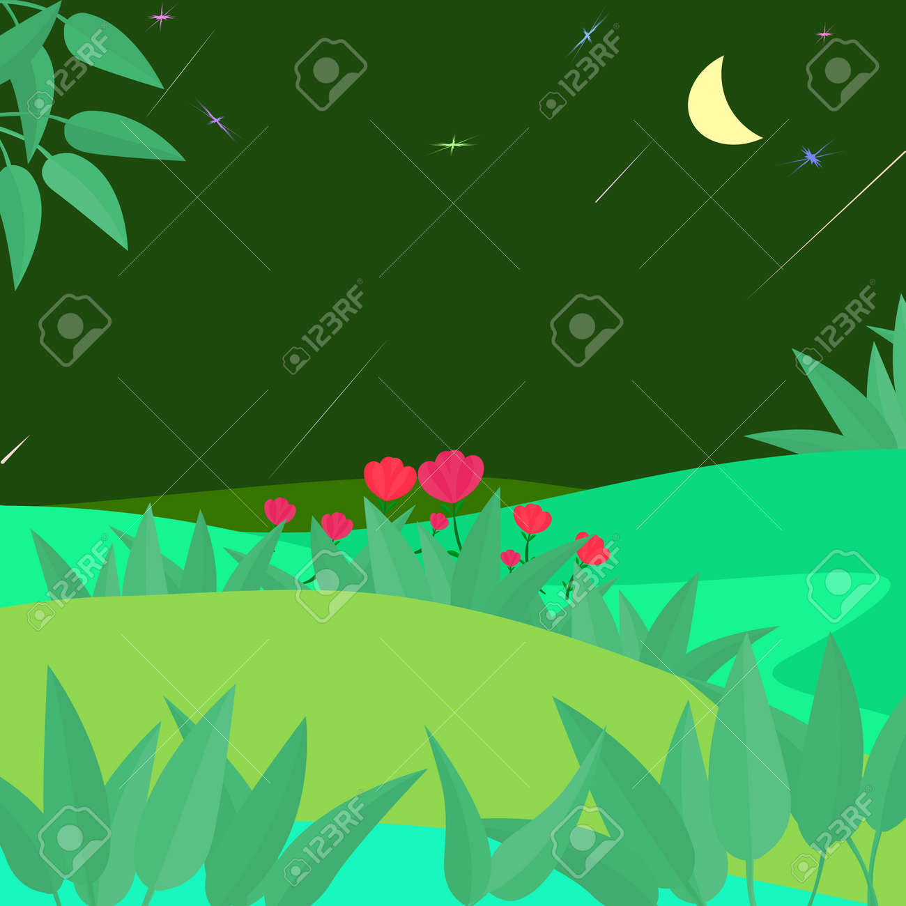 Beautiful Nature And Well Weather Environment Night With Red Flowers Plant  At View Point Landscape Meadow Vector Illustration, Abstract Background  Texture Wallpaper Pattern Seamless Art Graphic Design Royalty Free SVG,  Cliparts, Vectors,, image size:1300x1300