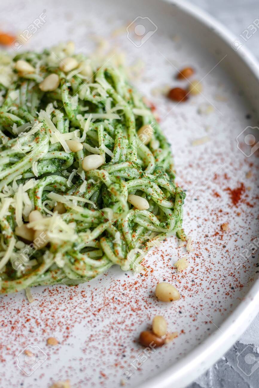 Green Vegan Pasta With Avocado Spinach And Pine Nuts Healthy Stock Photo Picture And Royalty Free Image Image 139209642
