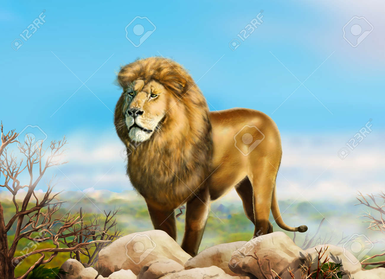 Lion Big Afrikanischen Lowen In Eine Wilde Natur Landschaft Afrika Malerei Realistische Illustration Lizenzfreie Fotos Bilder Und Stock Fotografie Image