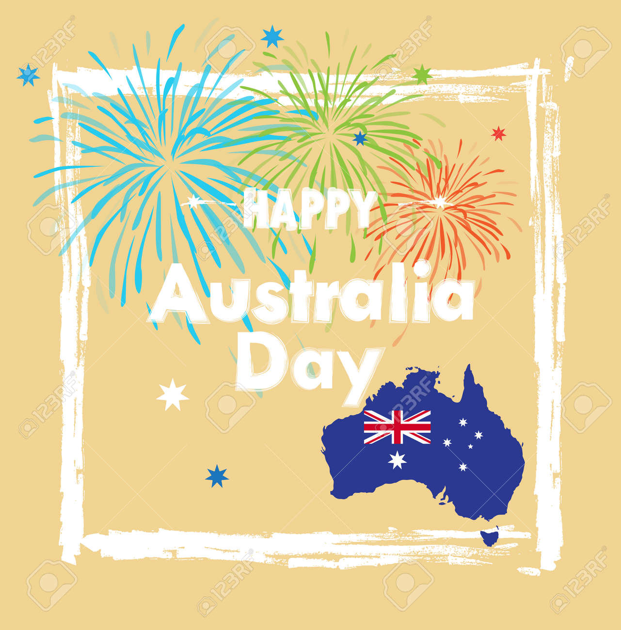 幸せなオーストラリア日花火オーストラリア地図 分離されたオーストラリアの旗 星や花火の描画に 1 月 26 日碑文ポスター 休日のベクトル図です お祭り の背景 レトロなスタイルは ベージュ色のイラスト素材 ベクタ Image