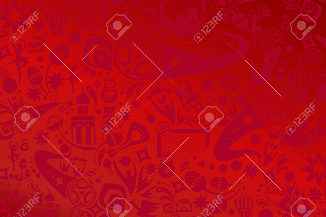 赤の背景にロシアの民芸品やサッカーのシンボルの装飾的な要素パターン抽象のサッカー ロシアのサッカー選手 サッカー ボール 賞 目標アイコン 花の要素 動的な形状はベクター 18年サッカー壁紙 スポーツです のイラスト素材 ベクタ Image