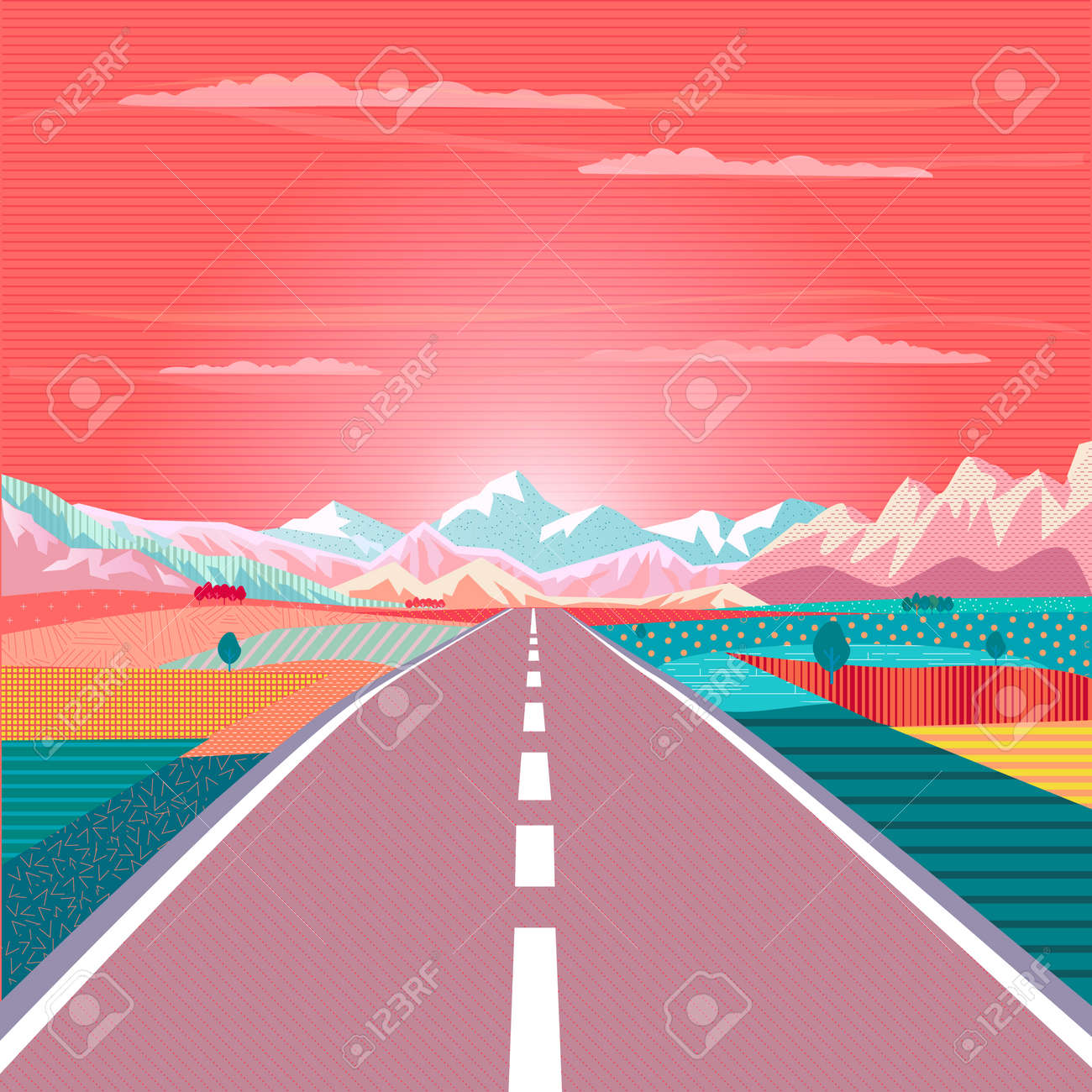 夏の絵画ポスター岩山ベクトルイラストへのロードトリップ のイラスト素材 ベクタ Image 98082382