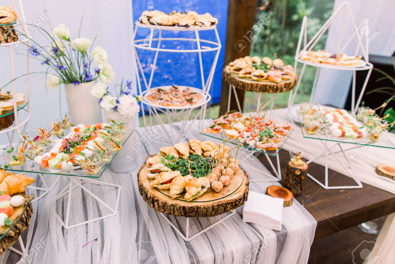 Catering Buffet And Rustic Decor Outdoor Wedding Party With Healthy Food Snacks Stock Photo Picture And Royalty Free Image Image 133029390