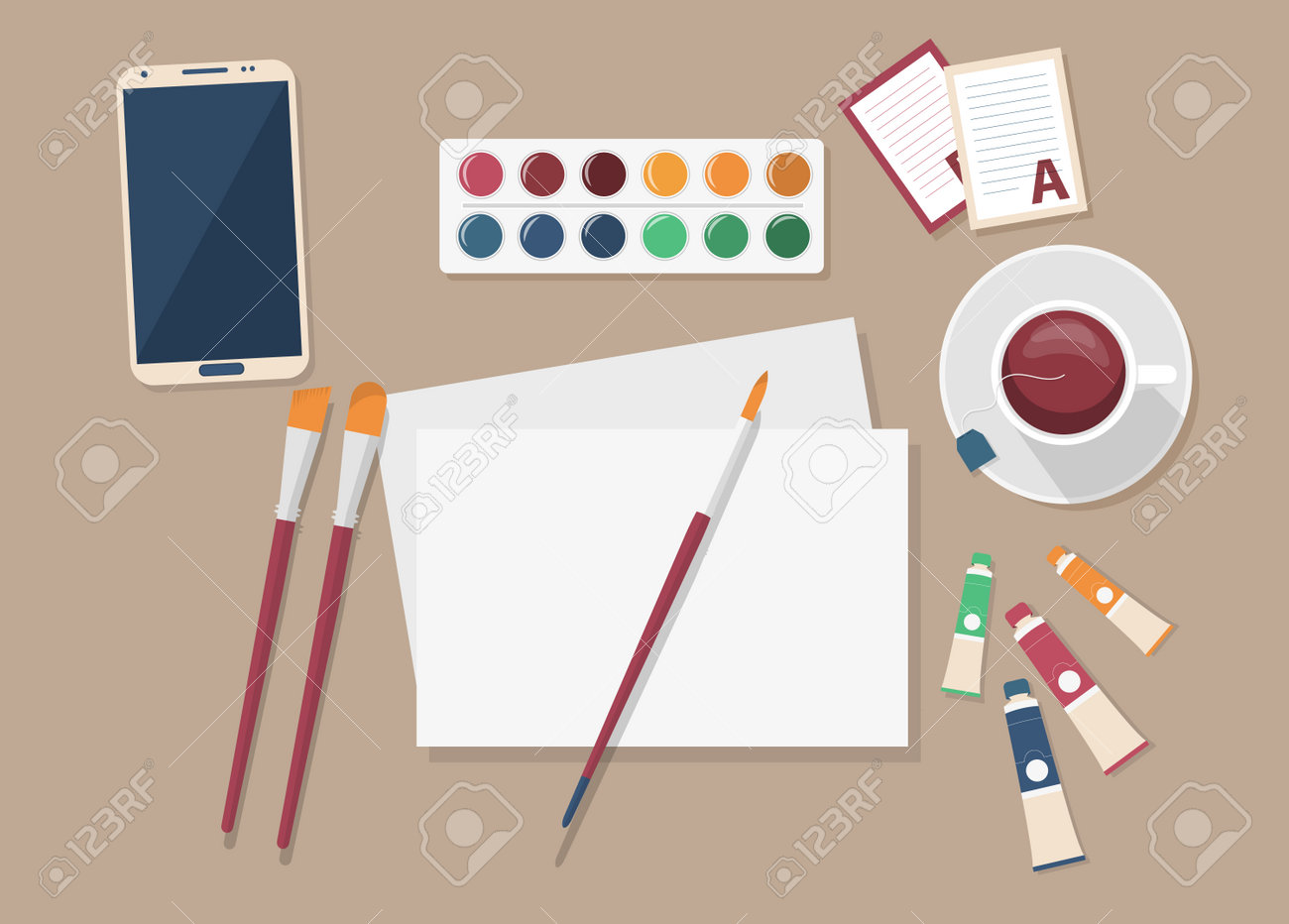 Artist s set. Top view vector illustration of artist s workplace. Oil paint, watercolors, canvas and brushes, cup of tea. - 161909304 Artist s set. Top view vector illustration of artist s workplace. Oil paint, watercolors, canvas and brushes, cup of tea. - 161909304