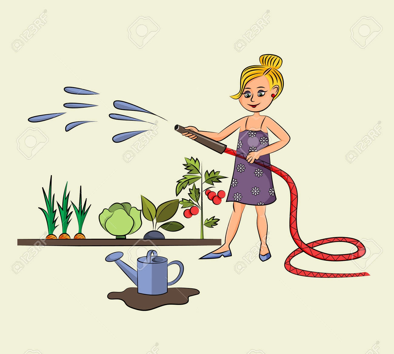 Cheerful hardworking girl works in the garden and hose down vegetables. - 168765939 Cheerful hardworking girl works in the garden and hose down vegetables. - 168765939