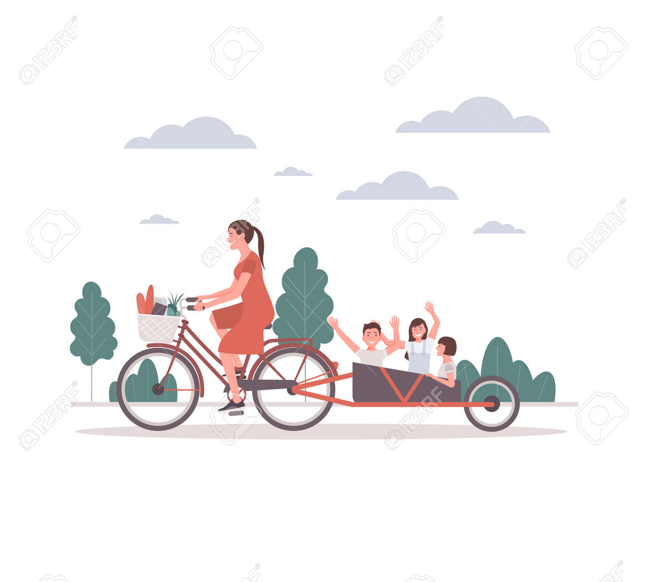 Young mother on a bicycle takes her children for a walk. Children are happy with their mothers for a walk.Mom takes care of the mental and physical well being of her children. - 168765938 Young mother on a bicycle takes her children for a walk. Children are happy with their mothers for a walk.Mom takes care of the mental and physical well being of her children. - 168765938