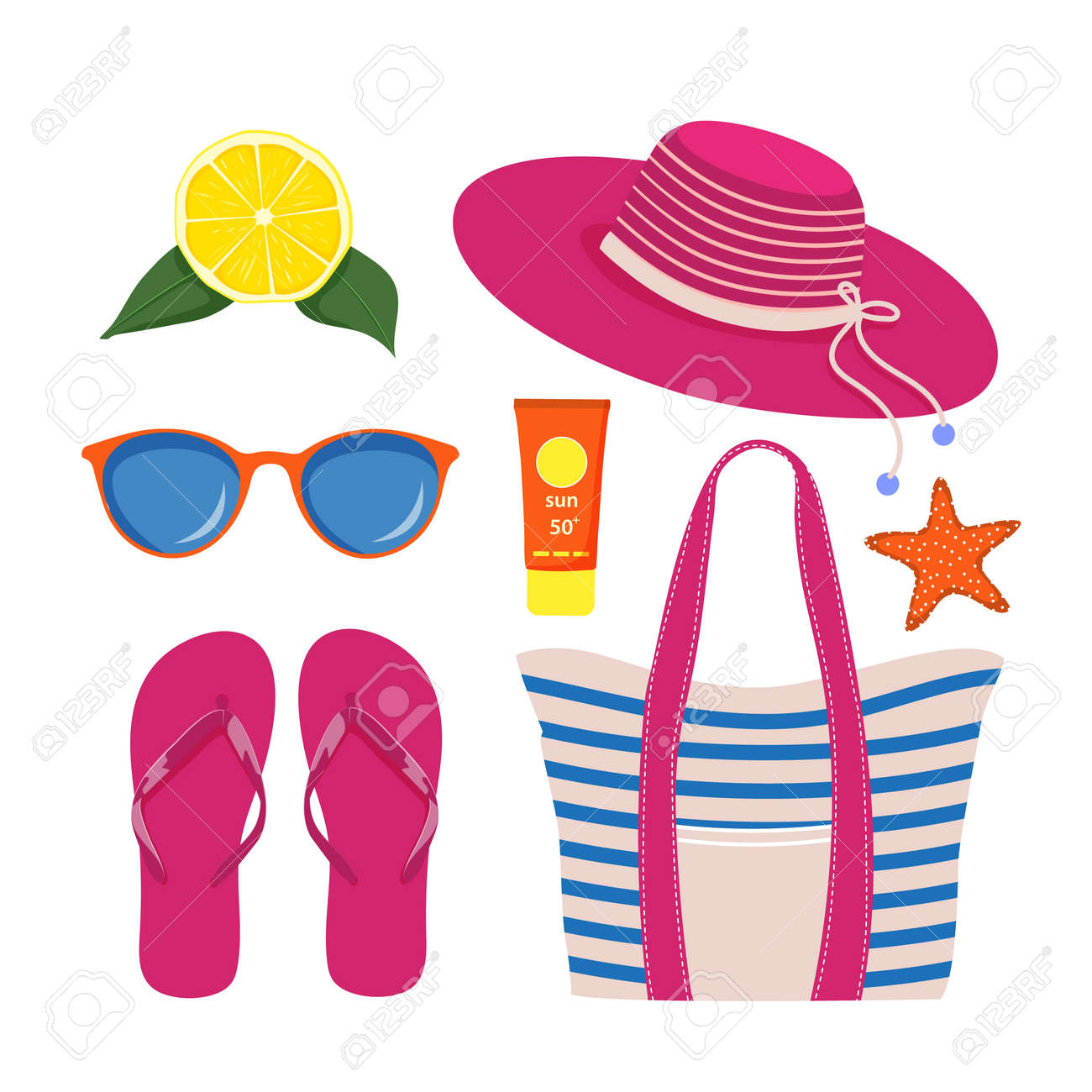 Set of beach accessories on white background - 168765965 Set of beach accessories on white background - 168765965