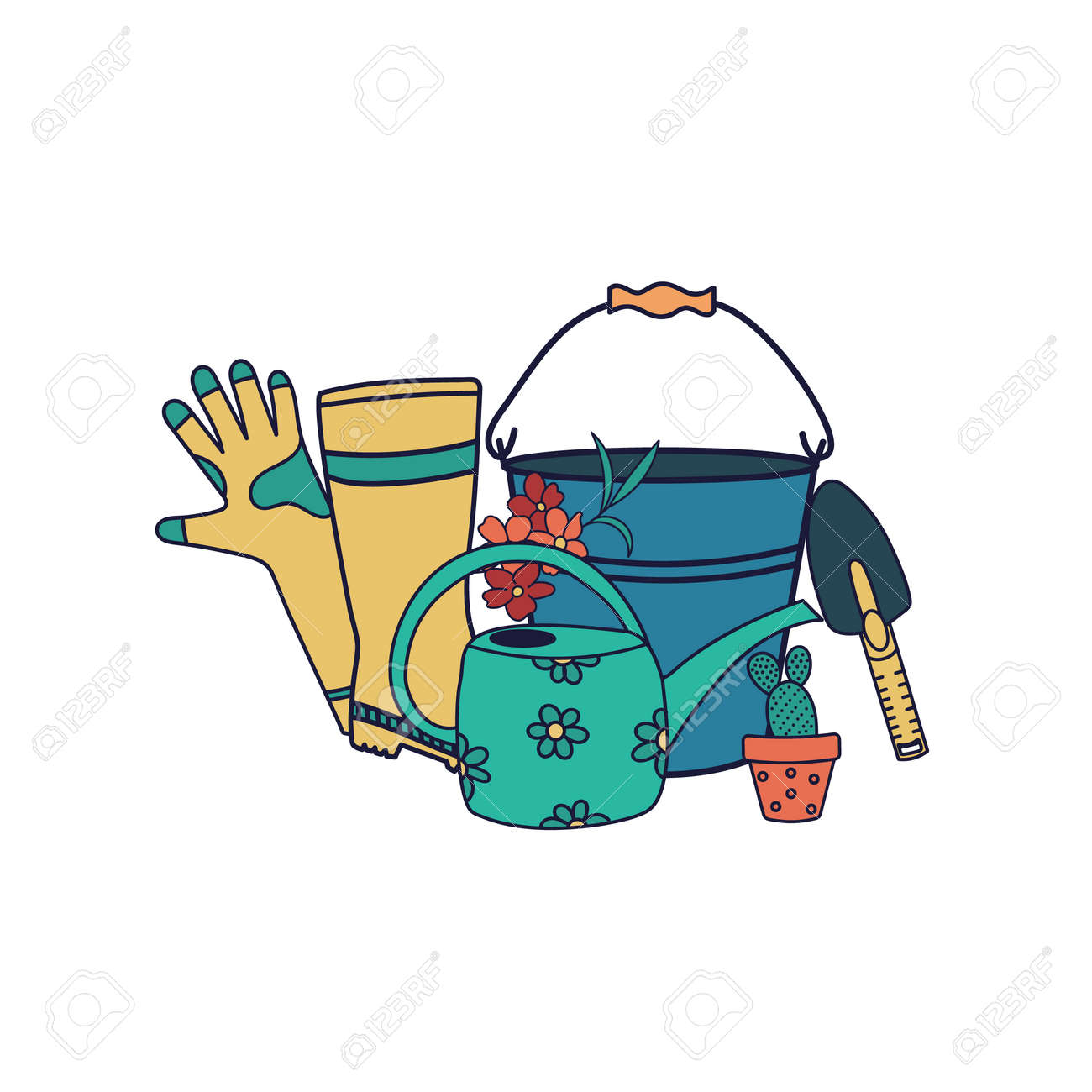 Vector set of garden tools isolated on white background. Bucket, rubber boots, gloves, watering can, shovel. Flat cartoon illustration. - 169107938 Vector set of garden tools isolated on white background. Bucket, rubber boots, gloves, watering can, shovel. Flat cartoon illustration. - 169107938