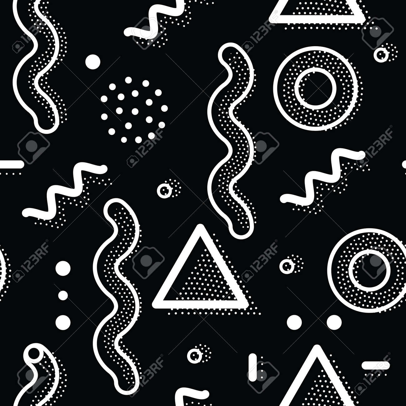 白と黒のシームレスなパターンをベクトルします 点描 メンフィス 80 年代 90 年代の幾何学的な抽象的な図を繰り返し普遍的なスタイル 壁紙 包装紙 インテリア 服のイラスト素材 ベクタ Image