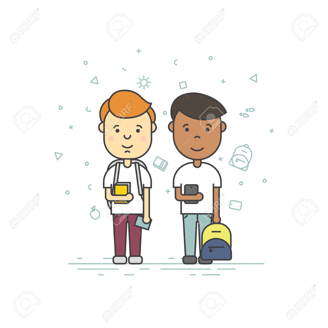 トレンディなフラット直線的なスタイルにカラフルなイラスト バックパック電話でかわいい生徒学生を笑顔します のイラスト素材 ベクタ Image