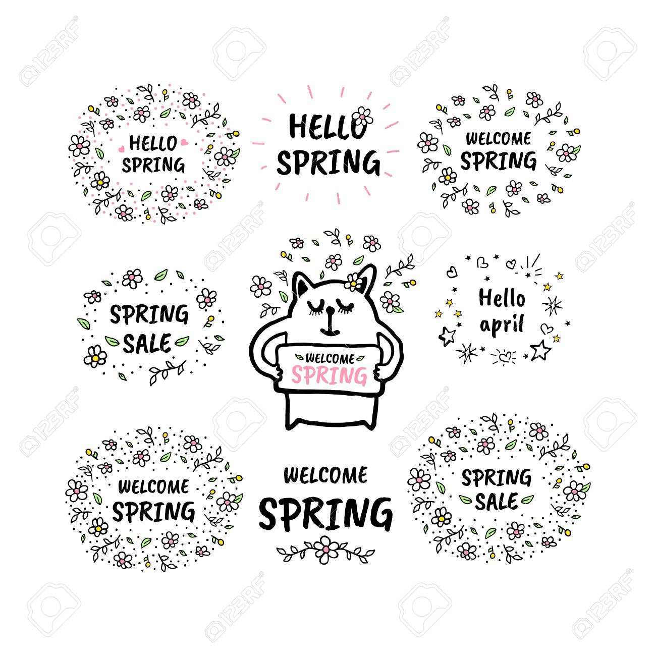 ベクトルかわいい落書き春のイラスト のセットは テキストとグラフィックデザイン要素 空想 トレンディなコレクション カラーフローラル追加広告ポスターバナーパッチflayerのイラスト素材 ベクタ Image