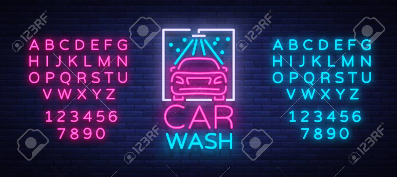 ネオンスタイルのベクターイラストでカーウォッシュのロゴデザインのエンブレム テンプレート コンセプト 光サインは 車 を洗うことをテーマにしています テキストのネオンサインを編集します ネオンアルファベットのイラスト素材 ベクタ Image
