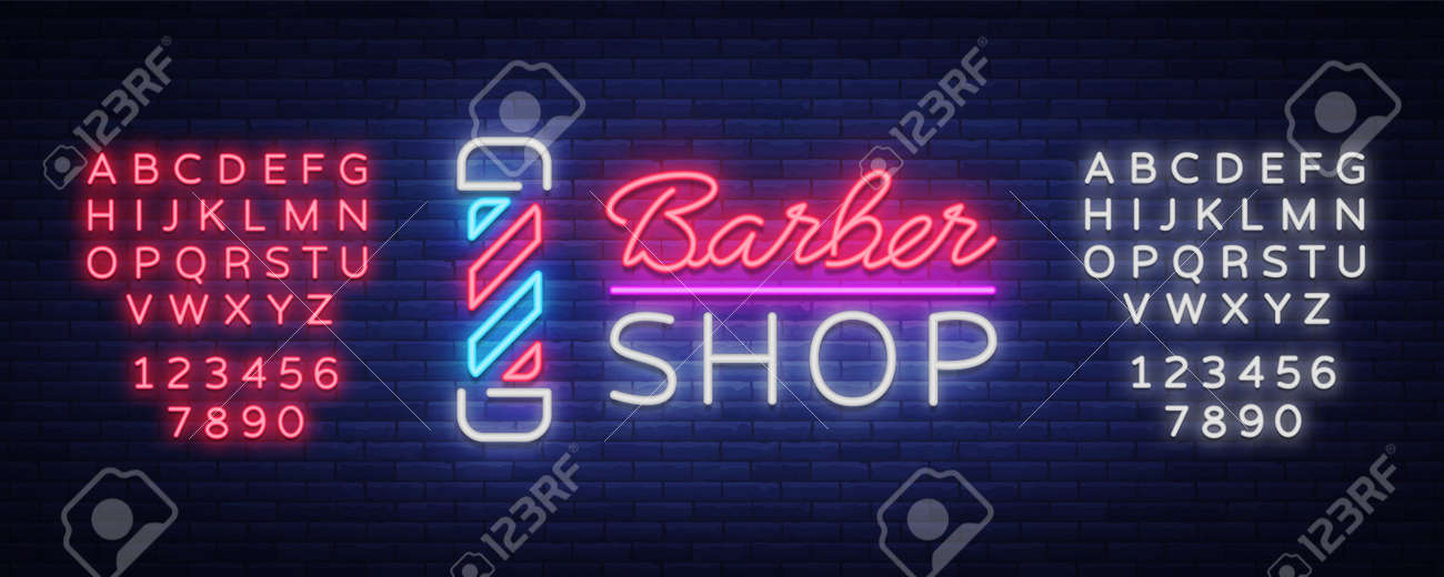 ベクトルのロゴ ネオン サイン理髪店に ラベル サイン サインや広告のため流行に敏感な人 美容師のロゴ ビルボード 発光バナー 編集テキストのネオン サイン のイラスト素材 ベクタ Image