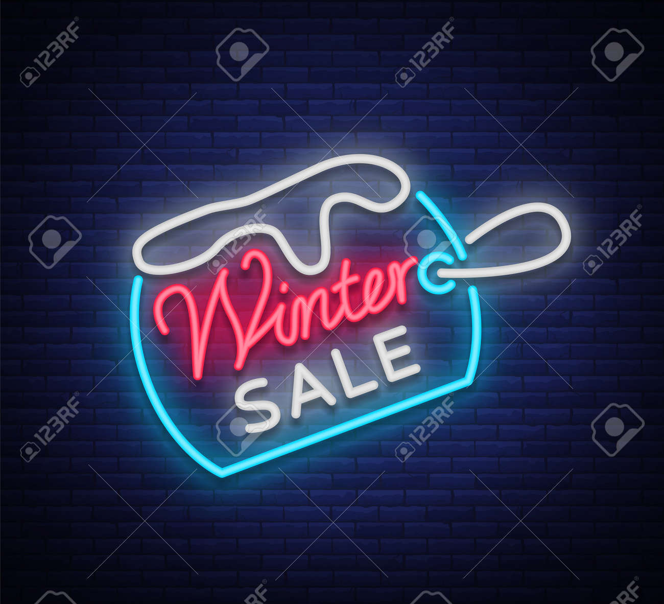 ネオンスタイルの冬の販売バナー 冬 新年 クリスマスの割引や販売にベクトルイラスト ネオンサイン 明るい看板 ナイトライト広告 はがき ネオン ポスター パンフレット のイラスト素材 ベクタ Image 91476075