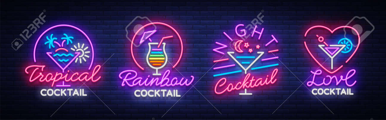 Cocktail collection logos in neon style. Collection of neon signs, Design template on the theme of drinks, alcoholic beverages. Vector illustration. - 96078267 Cocktail collection logos in neon style. Collection of neon signs, Design template on the theme of drinks, alcoholic beverages. Vector illustration. - 96078267
