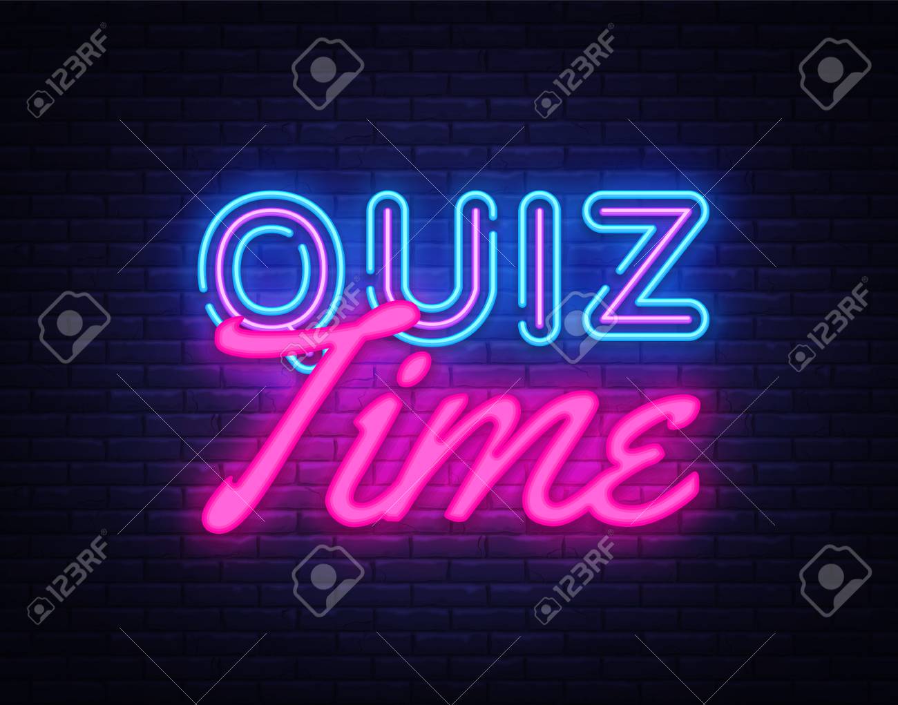 Quiz Time neon sign vector. Quiz Pub Design template neon sign, light banner, neon signboard, nightly bright advertising, light inscription. Vector illustration. - 110272407 Quiz Time neon sign vector. Quiz Pub Design template neon sign, light banner, neon signboard, nightly bright advertising, light inscription. Vector illustration. - 110272407