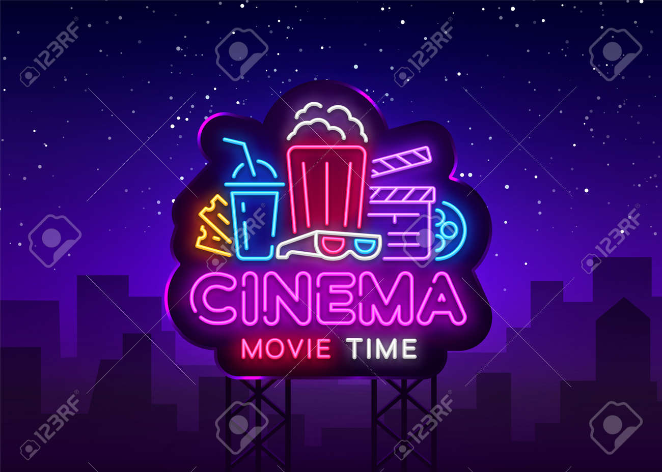 Movie Time Neon Logo Vector. Cinema Night neon sign, design template, modern trend design, night neon signboard, night light advertising, light banner, light art. Vector illustration. Billboard. - 108046191 Movie Time Neon Logo Vector. Cinema Night neon sign, design template, modern trend design, night neon signboard, night light advertising, light banner, light art. Vector illustration. Billboard. - 108046191