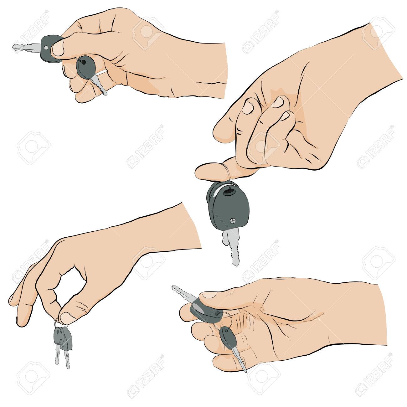 Que Sostiene Las Llaves En La Mano. Colección De Las Manos Del Hombre Las Llaves Sobre Fondo Blanco. Ilustración Del Vector. Ilustraciones Svg, Vectoriales, Clip Art Vectorizado Libre De