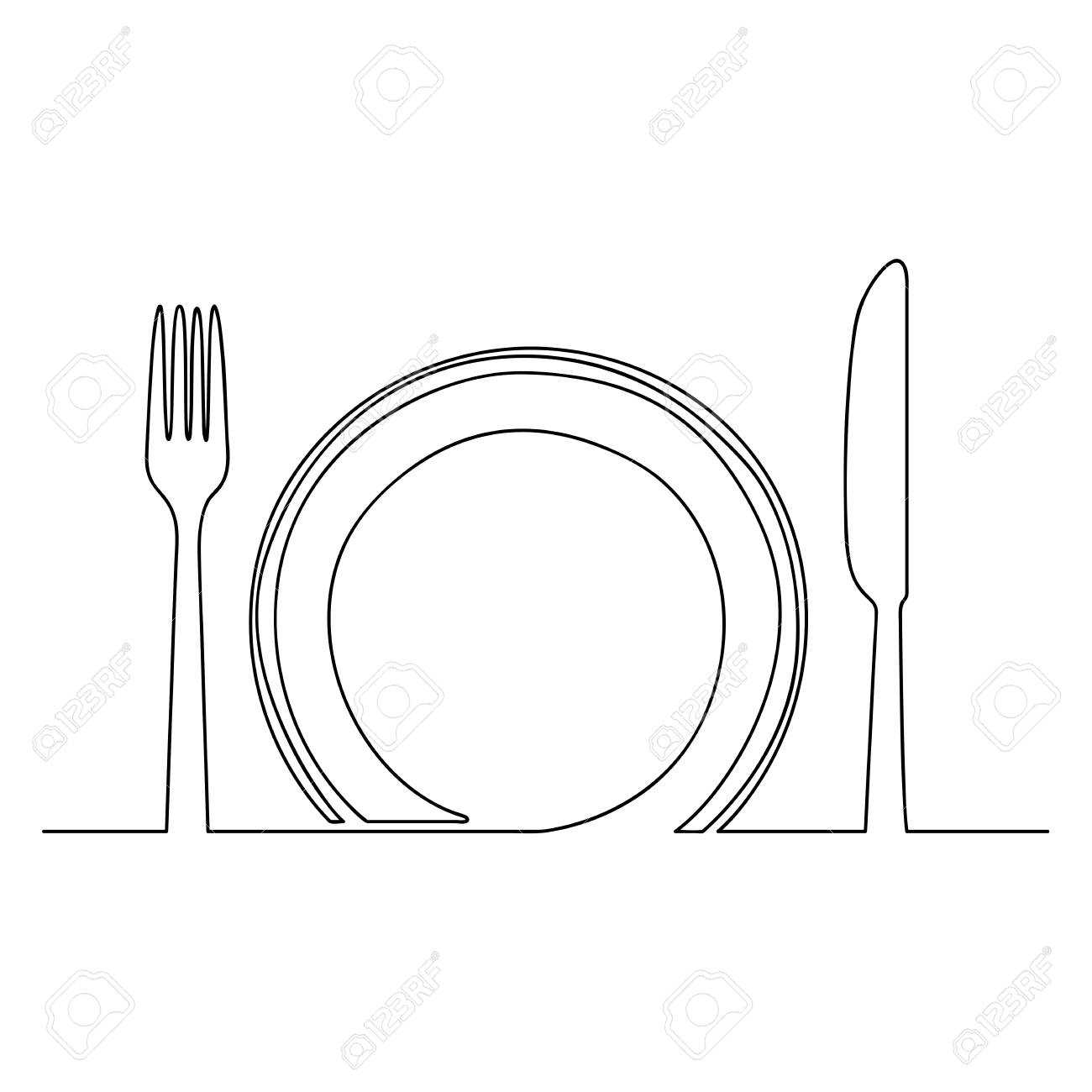 Empty Plate Fork And Knife One Line Drawing Isolated On White Royalty Free Cliparts Vectors And Stock Illustration Image 104182975