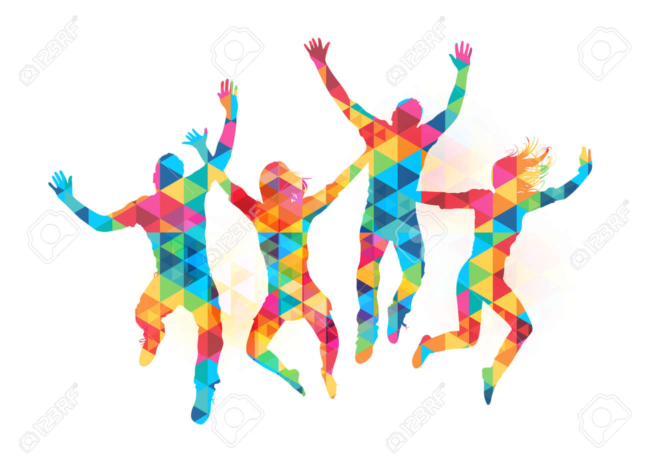 若者は抽象的なパターンとのお祝いでジャンプします ベクトル イラストのイラスト素材 ベクタ Image