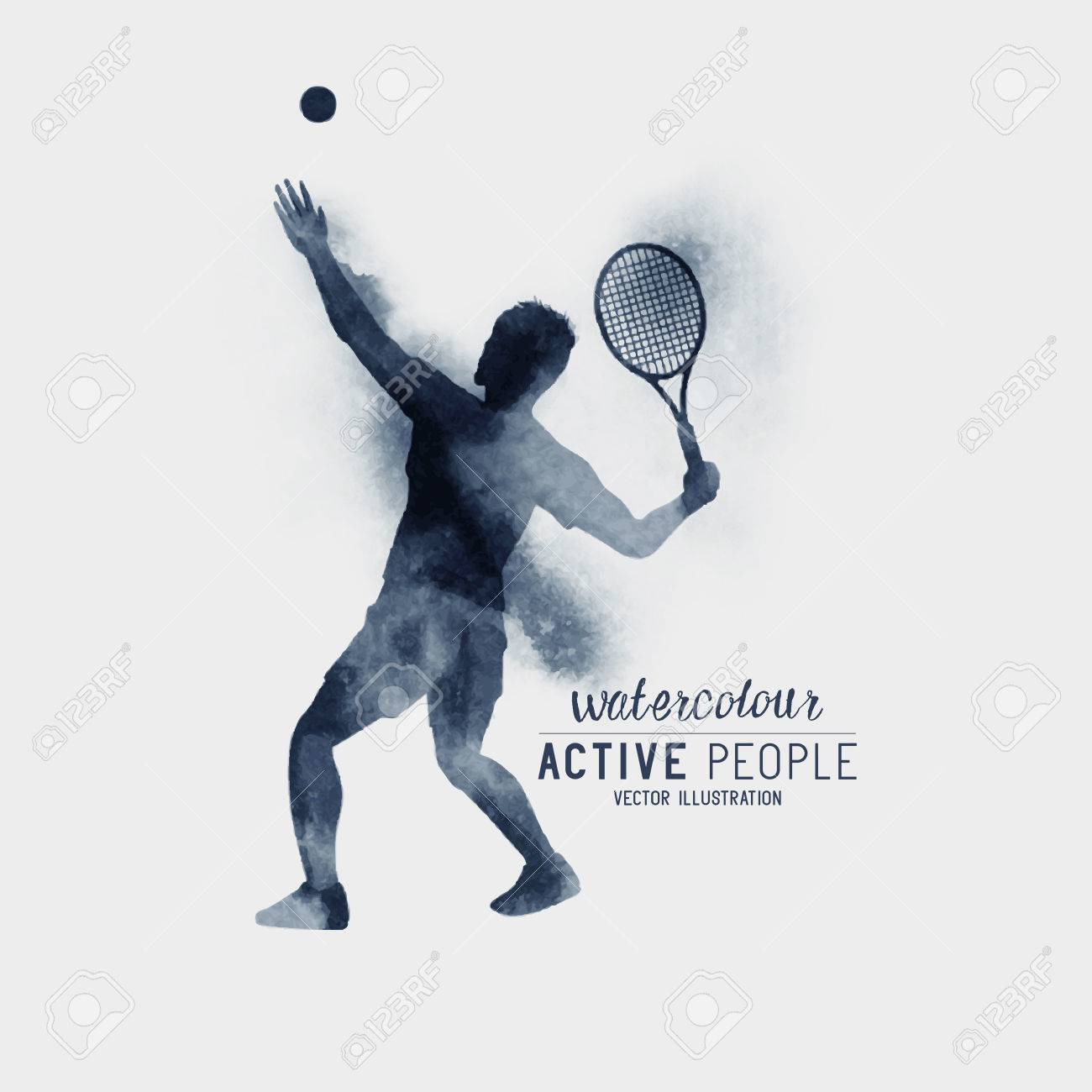 サーブ 水彩イラストのテニスボールをヒットしようとしてプロのテニス プレーヤー のイラスト素材 ベクタ Image